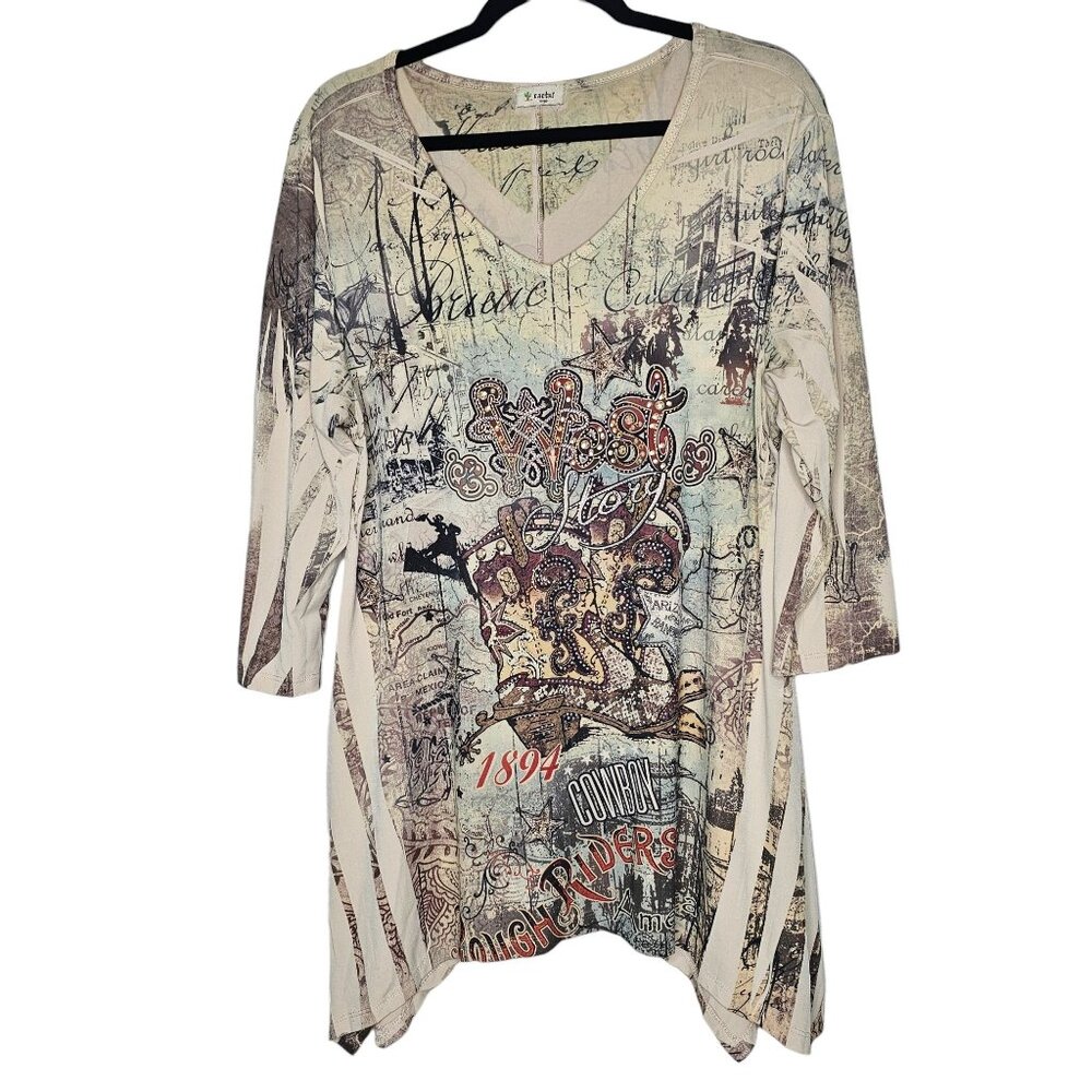 Cactus L Y2K Bling Gem Top Asymmetric Hem Boho Western Cowgirl Tunic Embellished